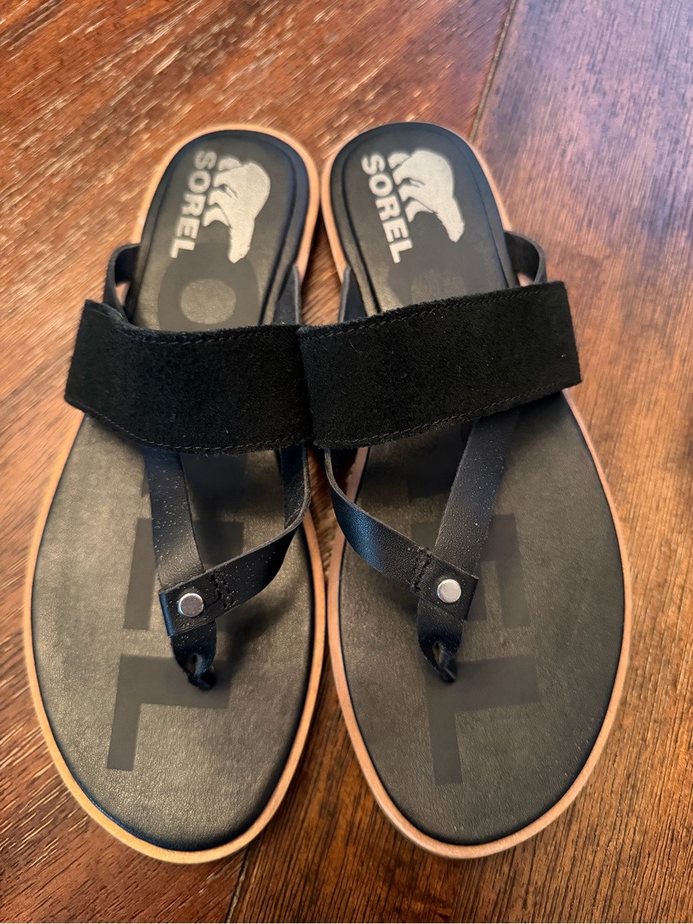 SOREL Ella II Sandals Black Suede Leather Toe Loop Size 8